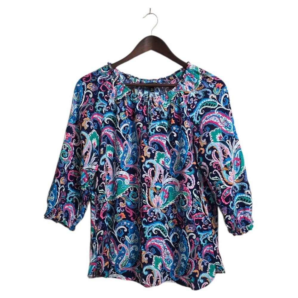 Talbots Colorful Pop-Over 3/4 Sleeve Paisley Semi-Sheer Blouse Sz MP